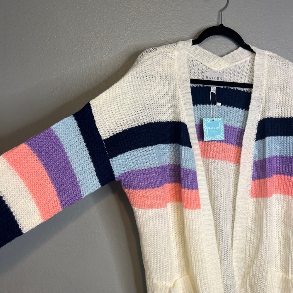 Hayden Cardigan Sz S/M Cream Rainbow Striped Open Front Pocket Long NWT - Picture 4 of 10